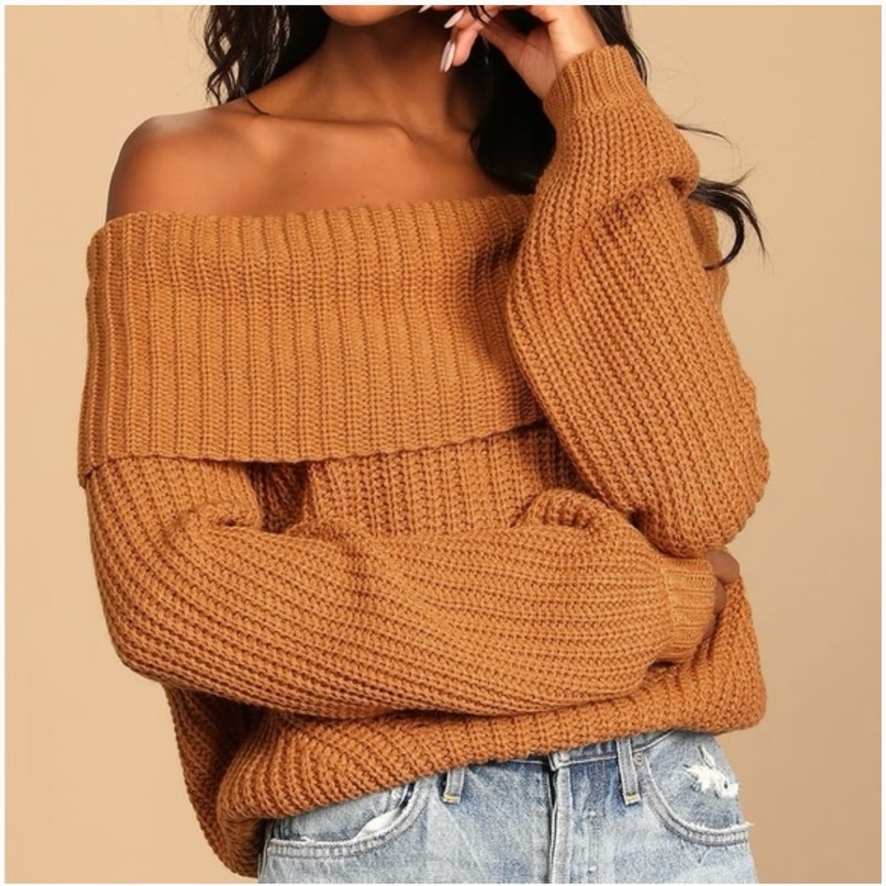Lulu's Tan Off-the-Shoulder Sweater - Picture 2 of 10